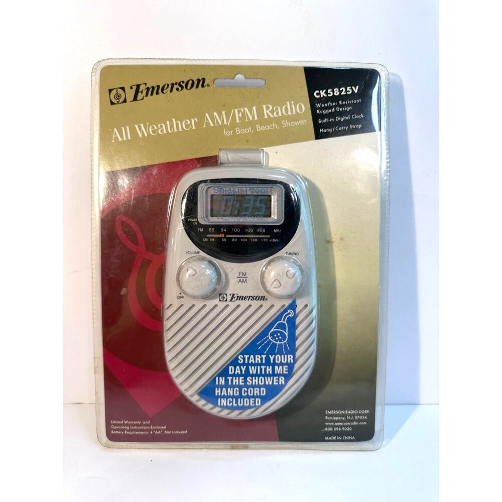 Vtg Emerson CK5825V All Weather AM/FM Radio Digital Clock Hang Cord Batteries